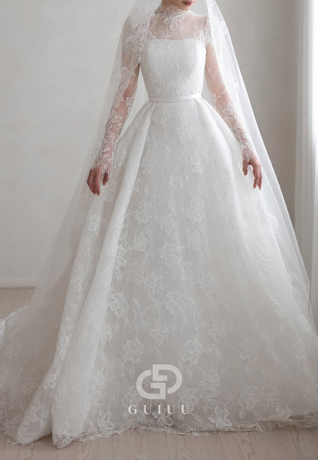 A-Line Long Sleeves Scoop Romantic Wedding Dress