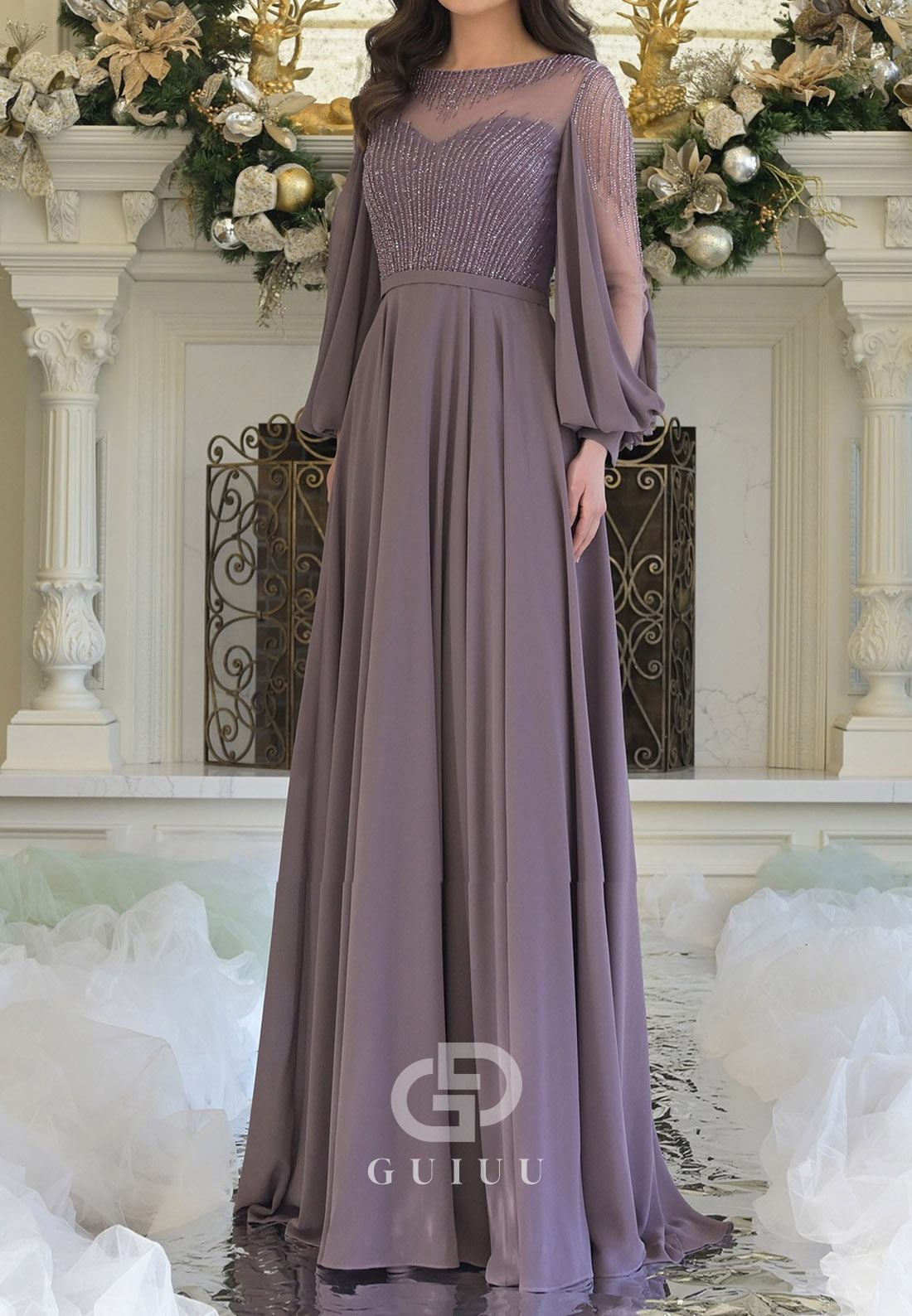 A-Line Long Sleeves Scoop Sequins Chiffon Mother of the Bride Dress