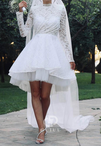 A-Line Long Sleeves Scoop Short Lace Wedding Dress