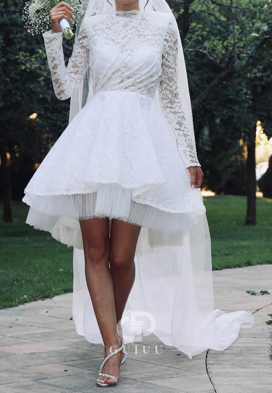 A-Line Long Sleeves Scoop Short Lace Wedding Dress