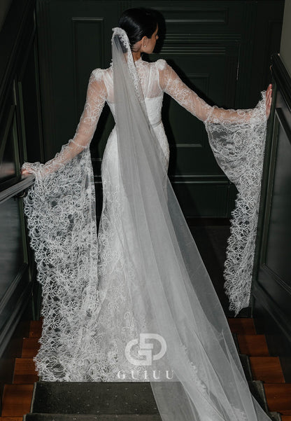 A-Line Long Sleeves Scoop Sweep Train Lace Wedding Dress