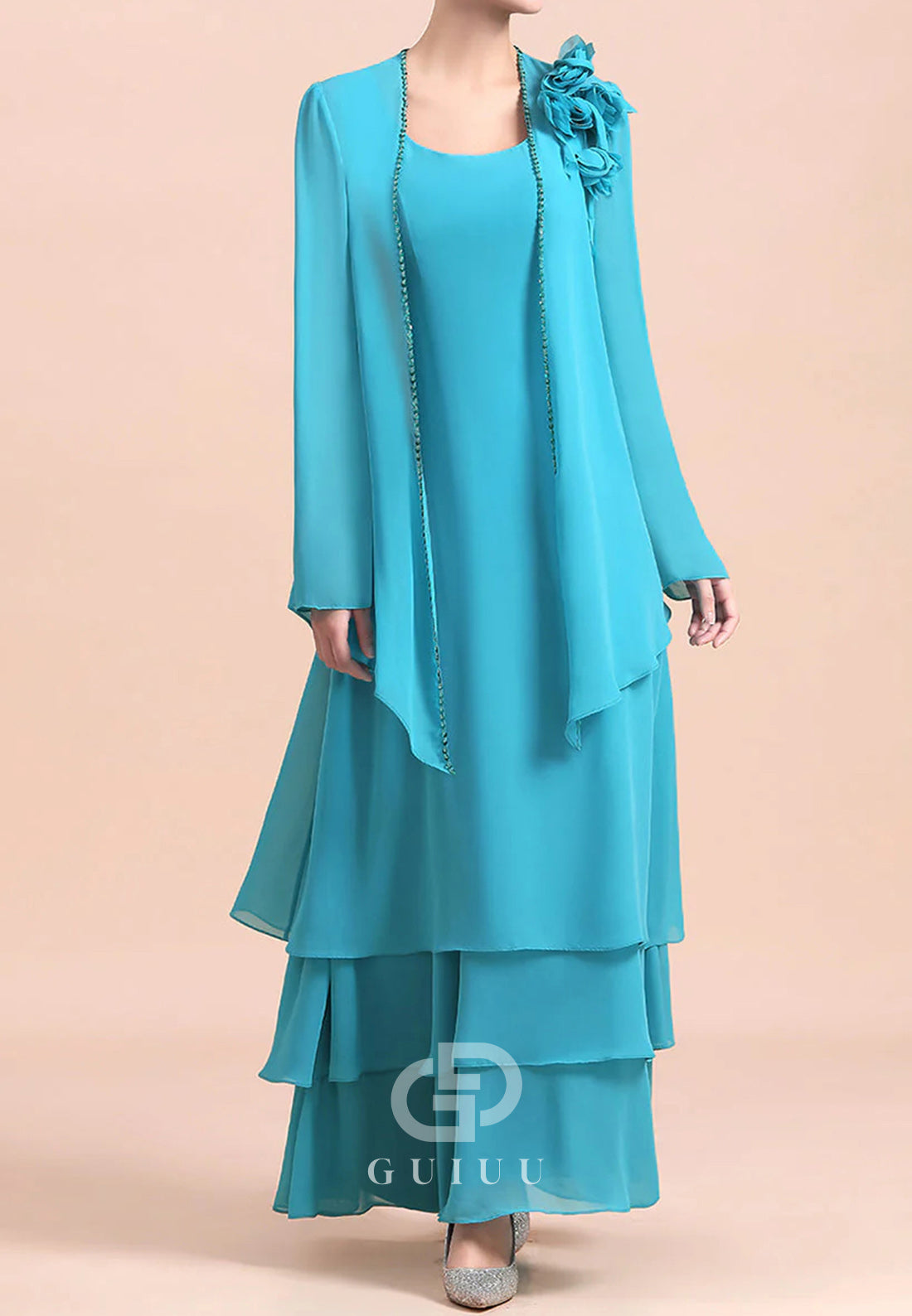 A-Line Long Sleeves Square Floral Appliques Mother of the Bride Dress