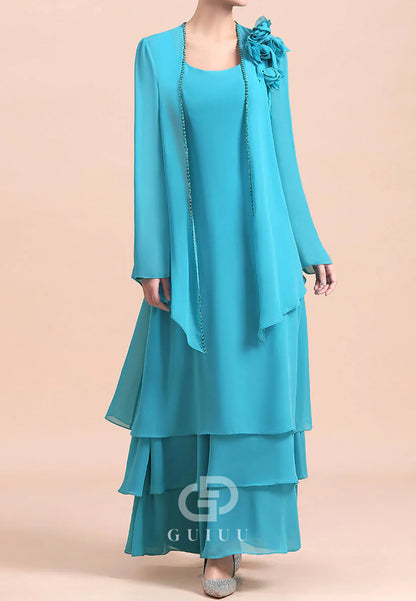 A-Line Long Sleeves Square Floral Appliques Mother of the Bride Dress