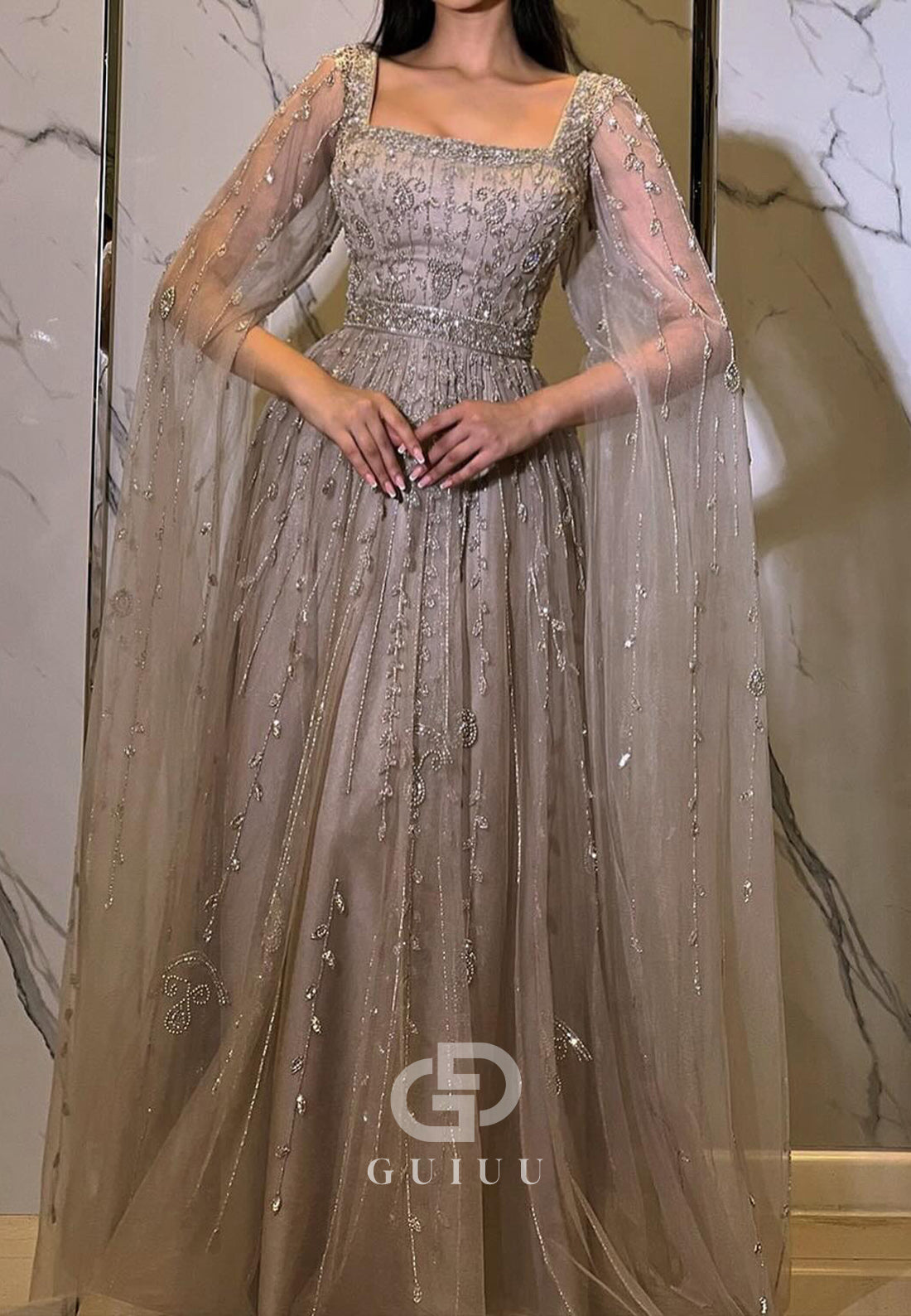 A-Line Long Sleeves Square Sequins Lace Evening Dress