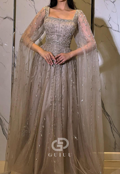 A-Line Long Sleeves Square Sequins Lace Evening Dress