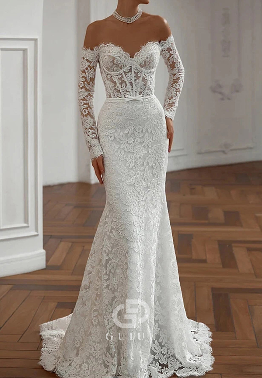 A-Line Long Sleeves Sweetheart Lace Wedding Dress