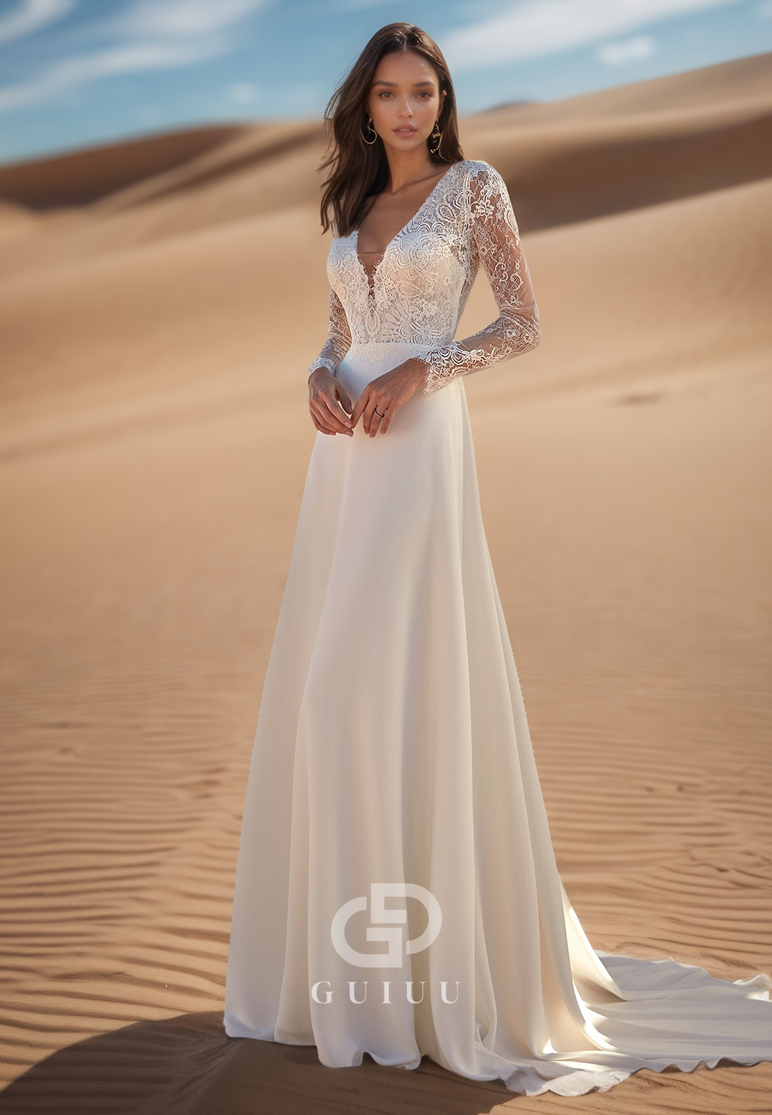 A-Line Long Sleeves V-Neck Empire-Waist Romantic Wedding Dress