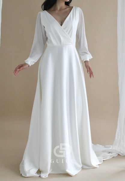 A-Line Long Sleeves V-Neck Empire-Waist Wedding Dress