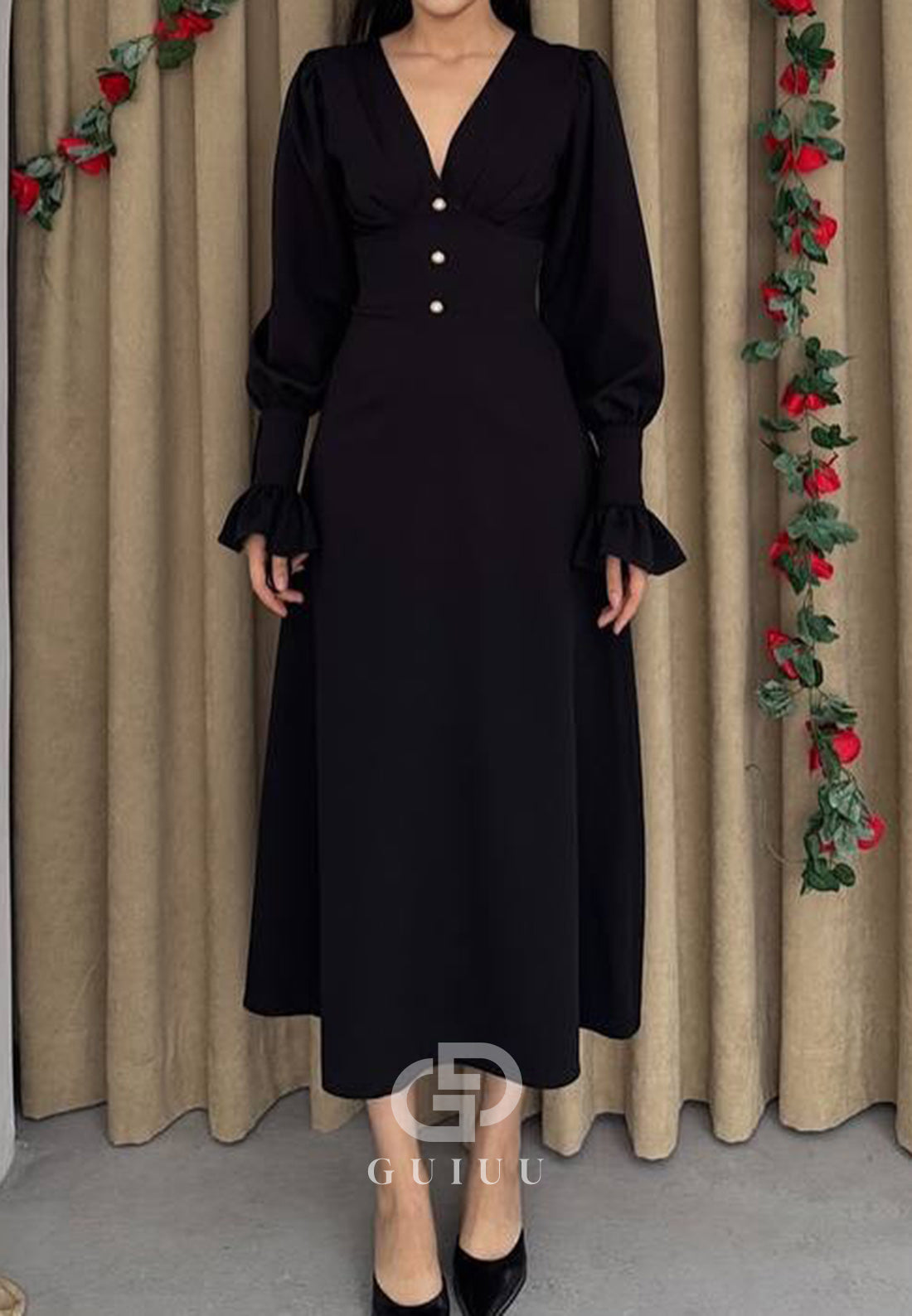 A-Line Long Sleeves V-Neck Semi-Formal Dress