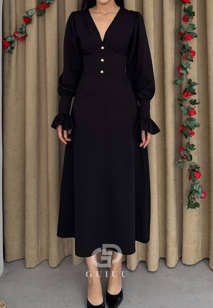 A-Line Long Sleeves V-Neck Semi-Formal Dress