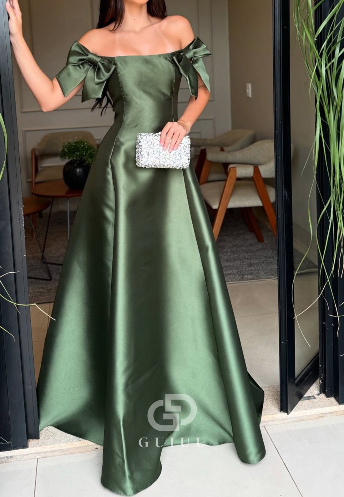 A-Line Off-Shoulder Bowknot Satin Evening Dress