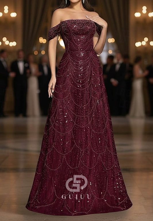 A-Line Off-Shoulder Cap Sleeves Sequins Evening Dress