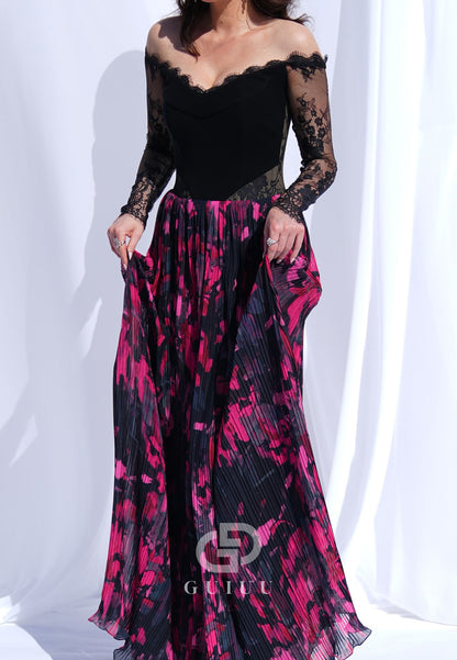 A-Line Off-Shoulder Long Sleeves Floral Printed Evening Dress