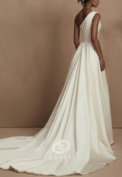 A-Line One Shoulder Sleeveless Detachable Matte Satin Wedding Dress