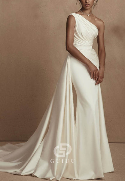 A-Line One Shoulder Sleeveless Detachable Matte Satin Wedding Dress