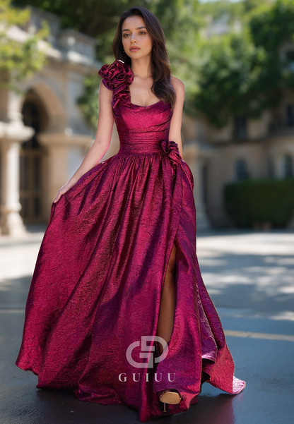 A-Line One Shoulder Prom Dress with Appliques Empire-Waist Evening Dress