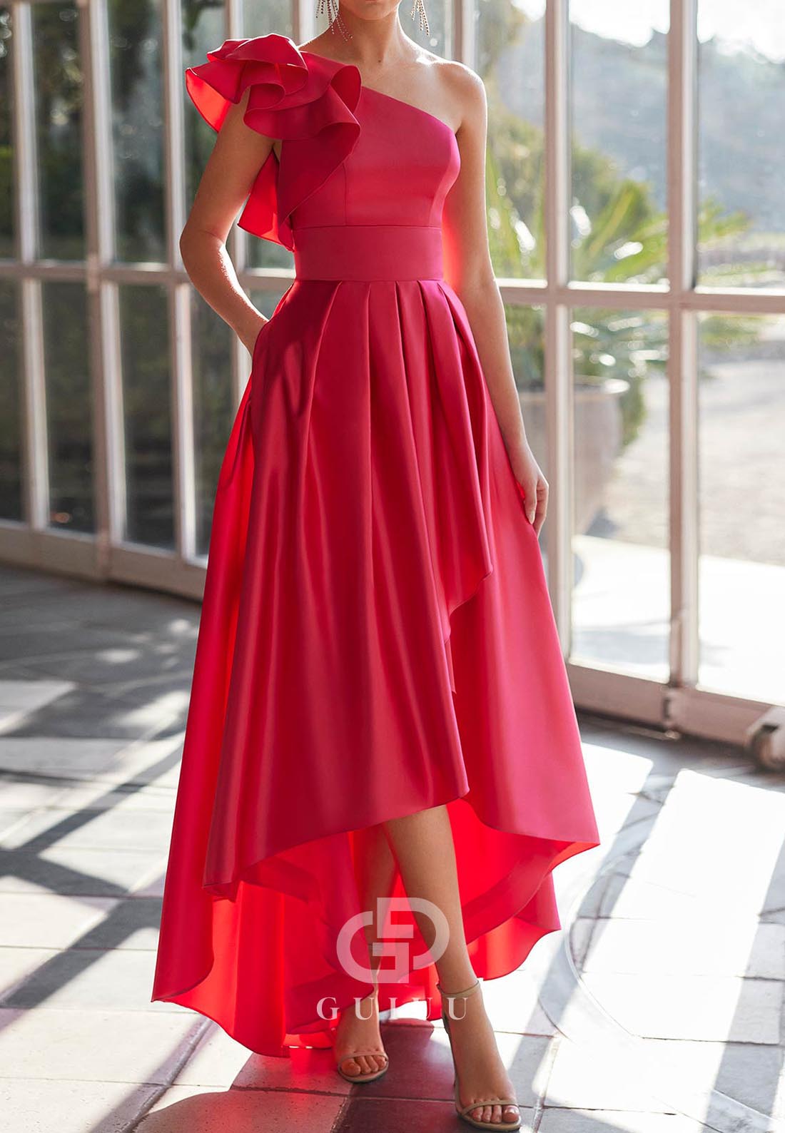 A-Line One Shoulder Sleeveless Bowknot High Low Evening Dress
