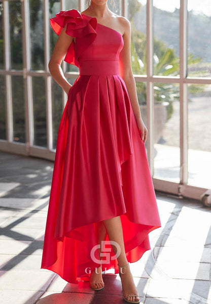 A-Line One Shoulder Sleeveless Bowknot High Low Evening Dress