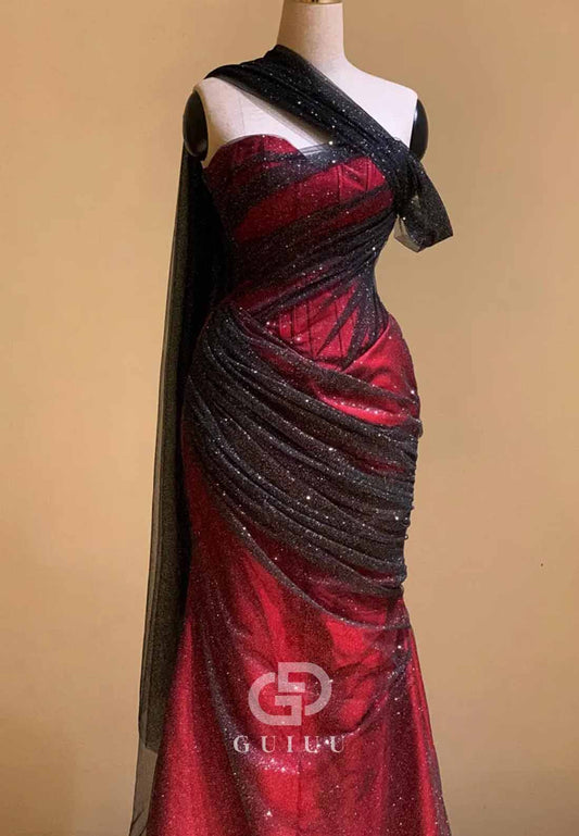 A-Line One Shoulder Sleeveless Ruched Lace-Up Back Prom Dress