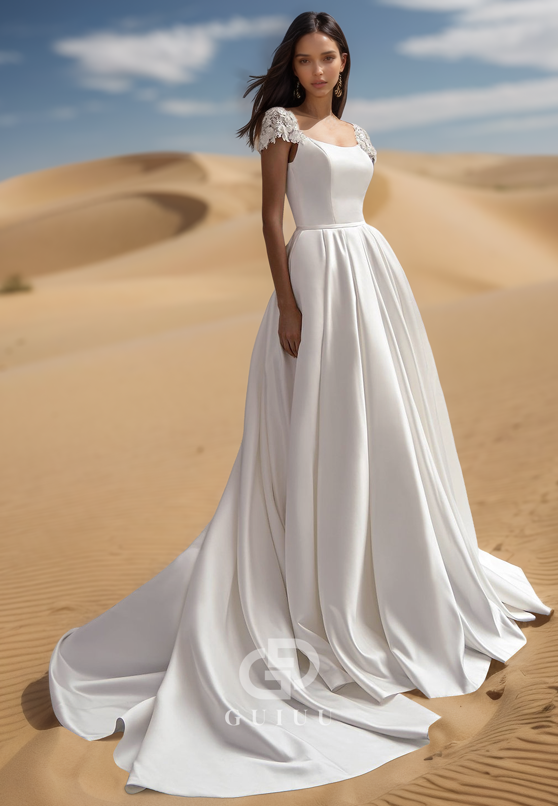 A-Line Short Sleeves Scoop Empire-Waist Court Train Satin Wedding Dress