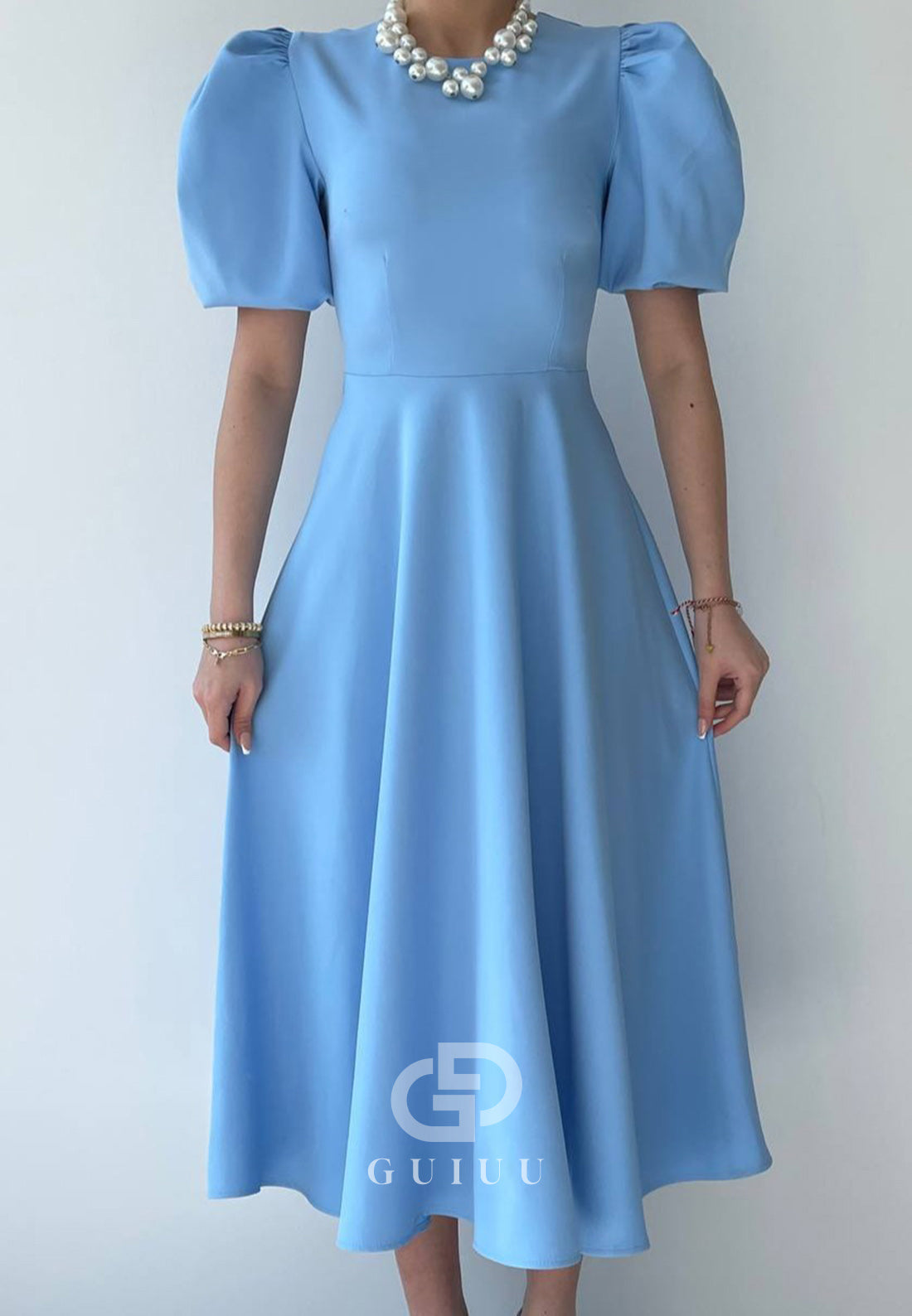 A-Line Short Sleeves Scoop Pearls Semi-Formal Dress