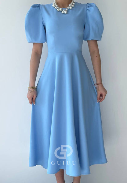 A-Line Short Sleeves Scoop Pearls Semi-Formal Dress