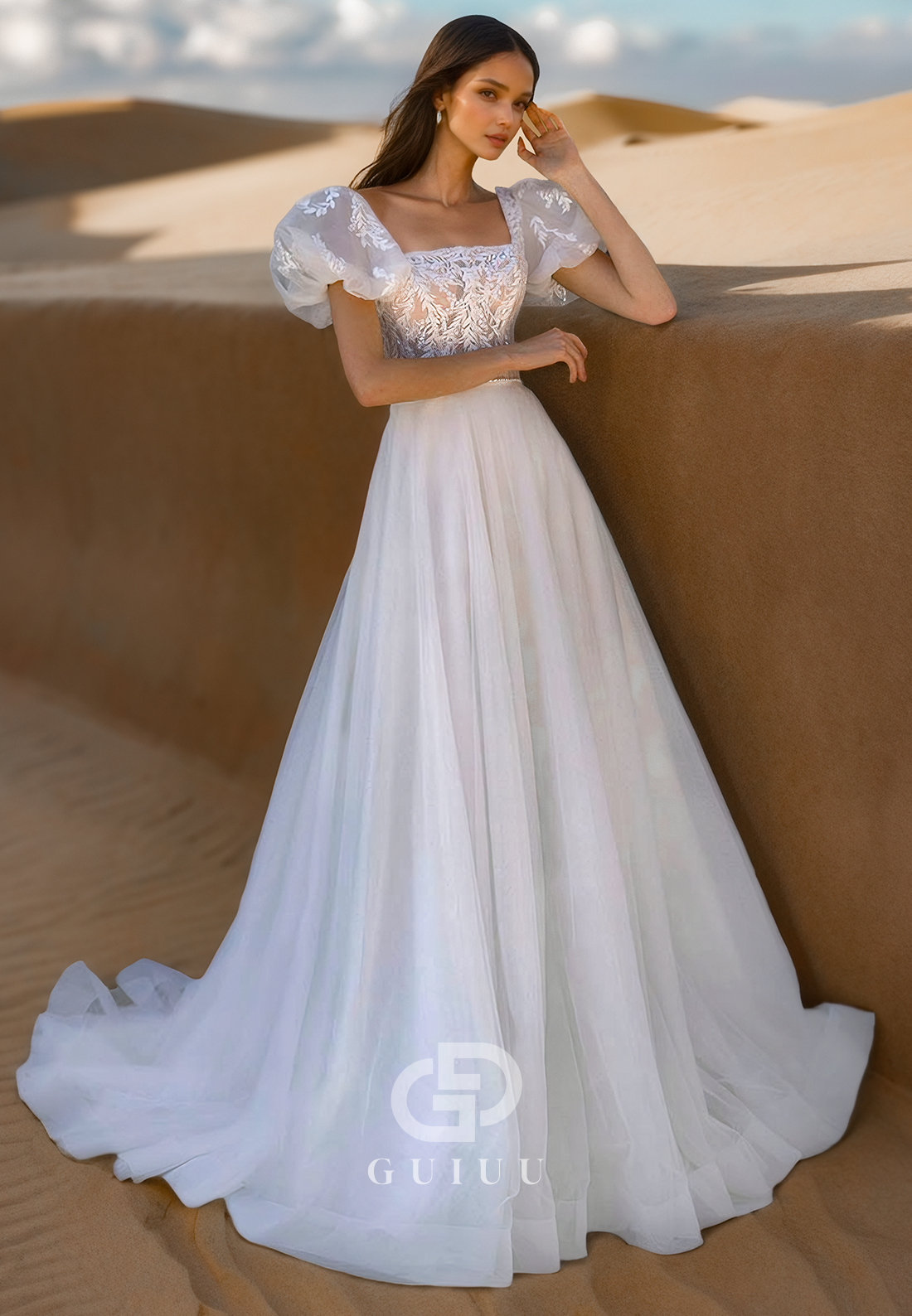 A-Line Short Sleeves Square Appliques Empire-Waist Lace Wedding Dress