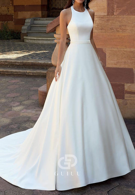 A-Line Sleeveless Scoop Corset Train Bowknot Wedding Dress