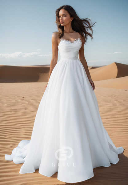 A-Line Sleeveless Sequins Empire-Waist Lace Wedding Dress