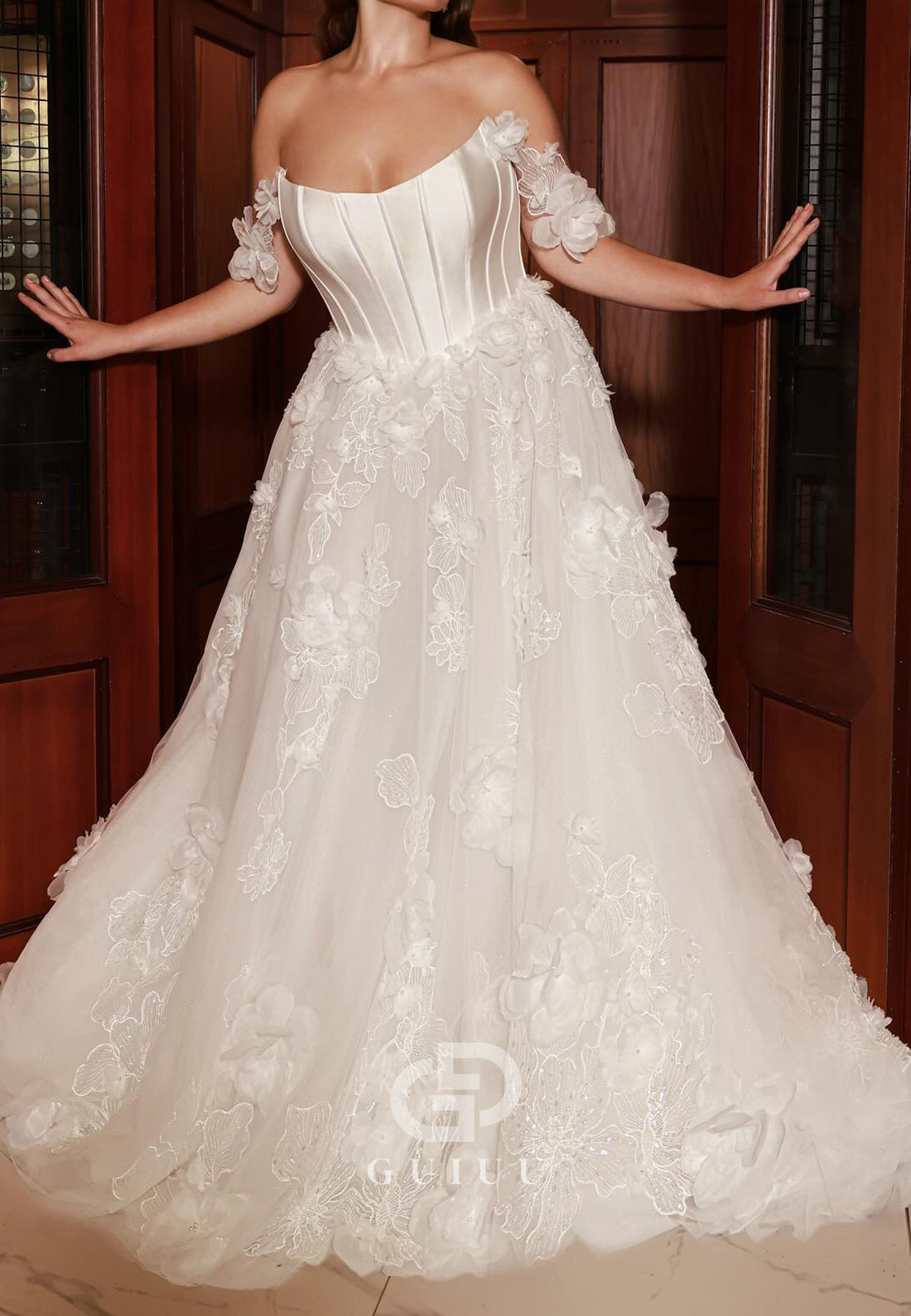 A-Line Sleeveless Strapless Appliques Sweep Train Lace Wedding Dress