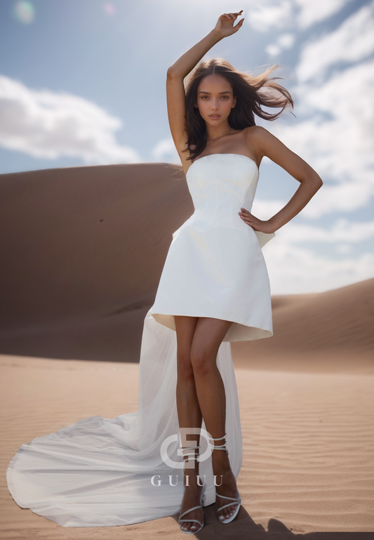 A-Line Sleeveless Strapless Bowknot Short Satin Wedding Dress