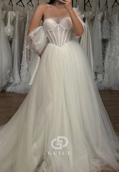 A-Line Sleeveless Strapless Corset Tulle Lace Wedding Dress