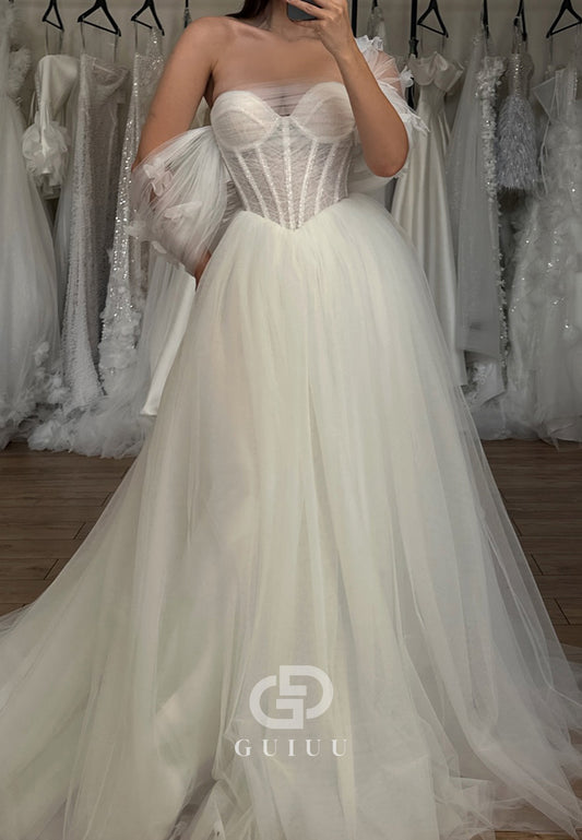 A-Line Sleeveless Strapless Corset Tulle Lace Wedding Dress