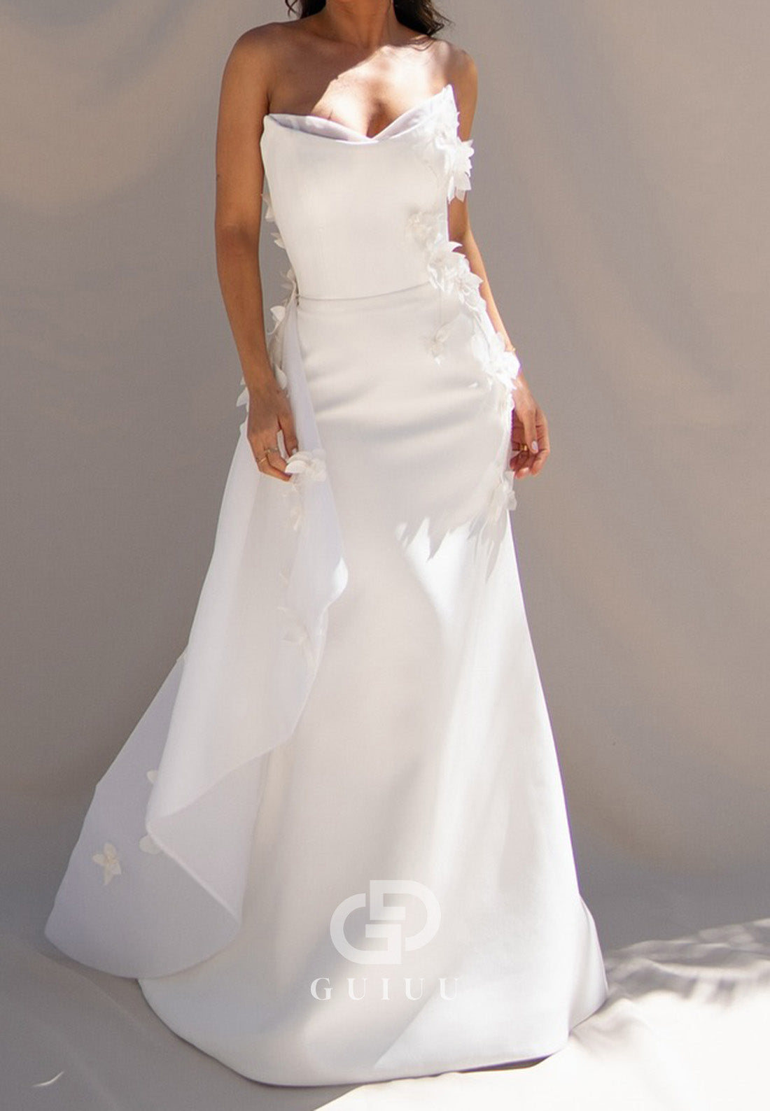 A-Line Sleeveless Strapless Ruched Sweep Train Wedding Dress