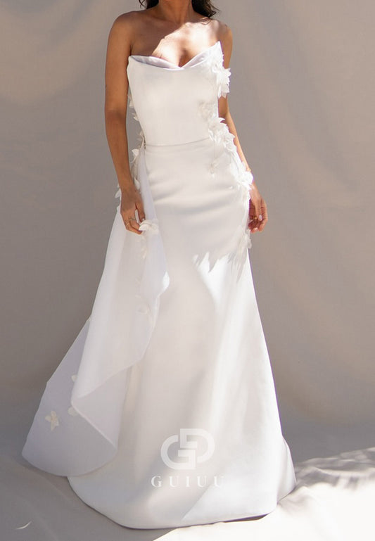 A-Line Sleeveless Strapless Ruched Sweep Train Wedding Dress