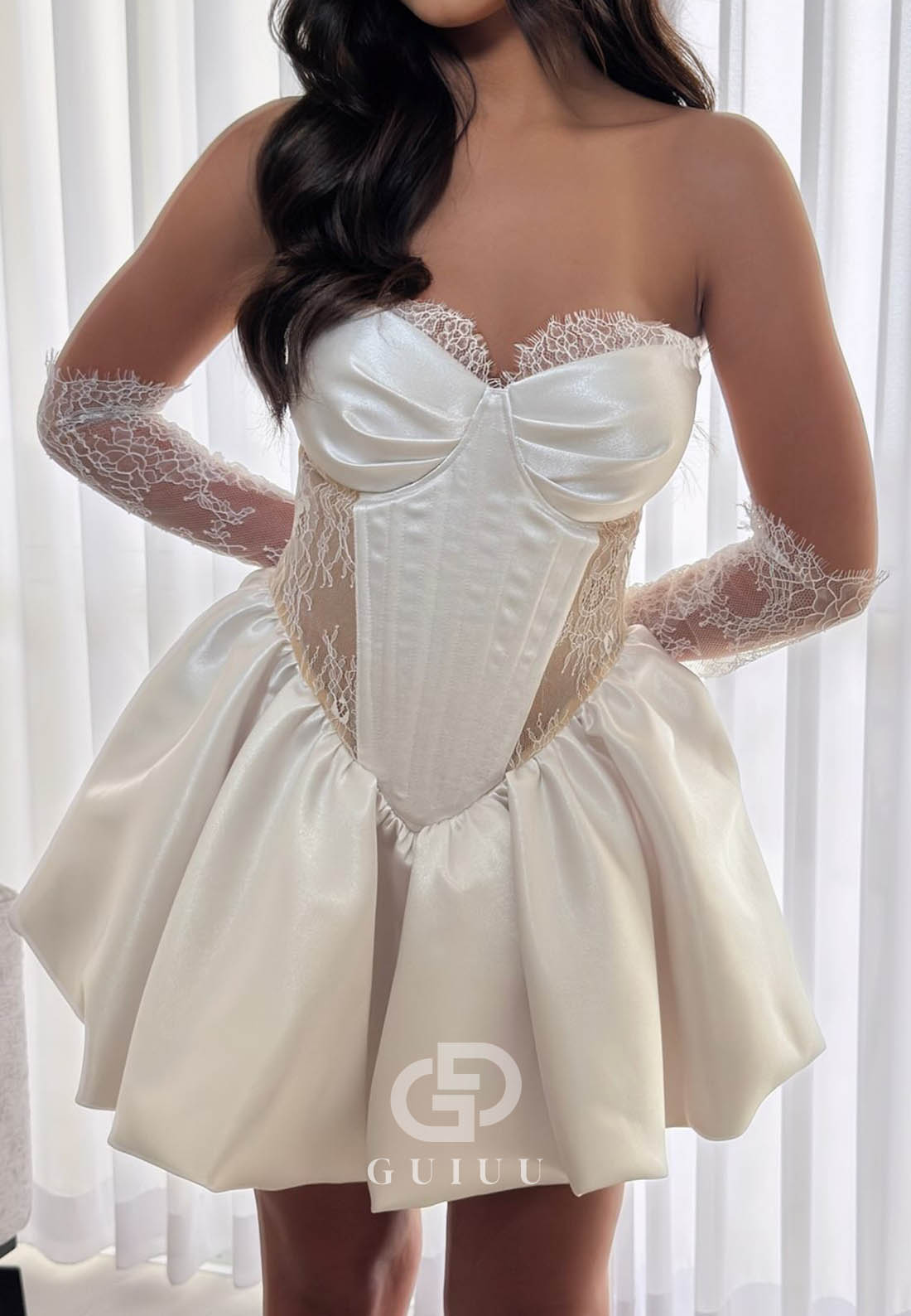 A-Line Sleeveless Strapless Short Satin Wedding Dress