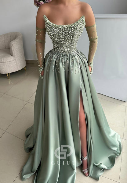 A-Line Sleeveless Strapless Slit Beads Prom Dress