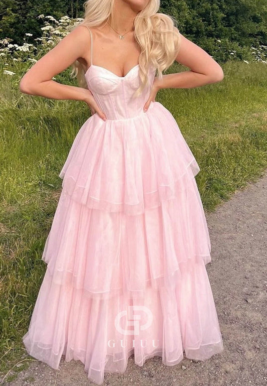 A-Line Spaghetrti Straps Sweetheart Ruffles Lace Prom Dress