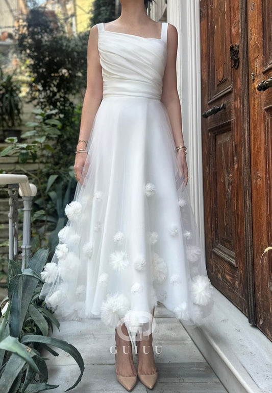 A-Line Spaghetti Straps Square Appliques Wedding Dress