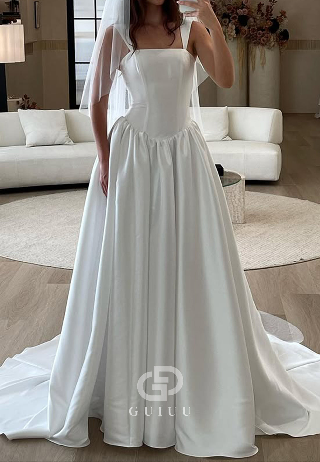 A-Line Spaghetti Straps Square Empire-Waist Satin Wedding Dress