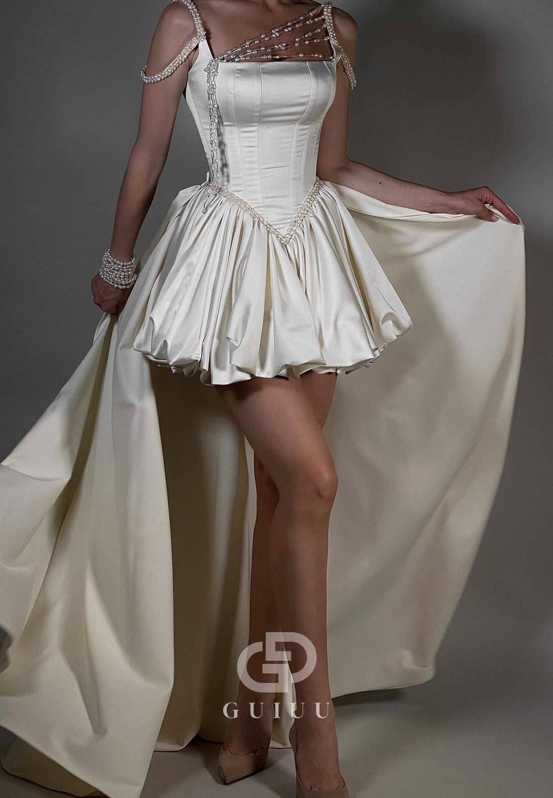 A-Line Spaghetti Straps Square Pearls Short Homecoming Dress