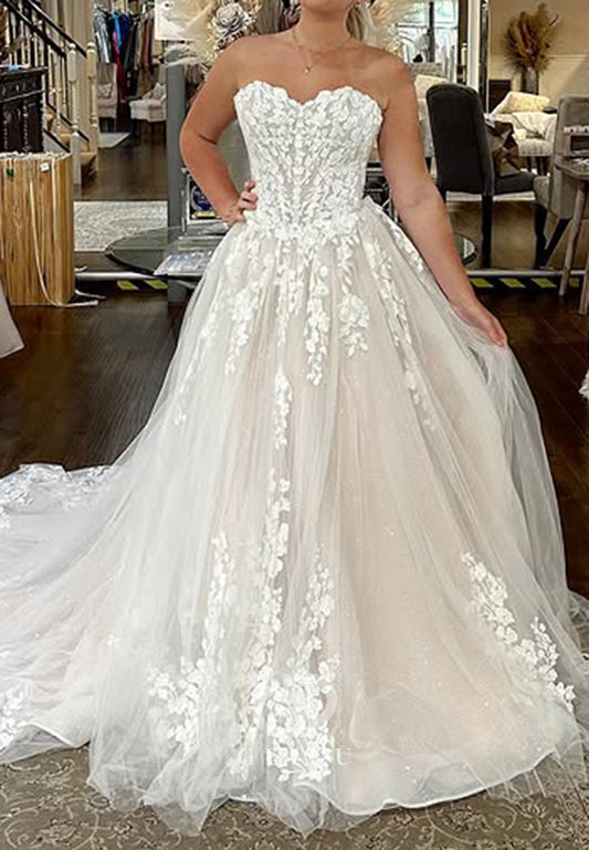 A-Line Spaghetti Straps Sweetheart Appliques Lace Wedding Dress