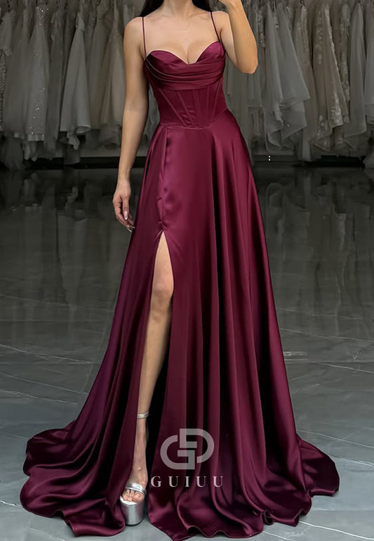 Mulberry A-Line Spaghetti Straps Sweetheart Prom Dress with Slit