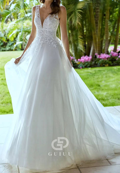 A-Line Spaghetti Straps V-Neck Appliques Lace Wedding Dress