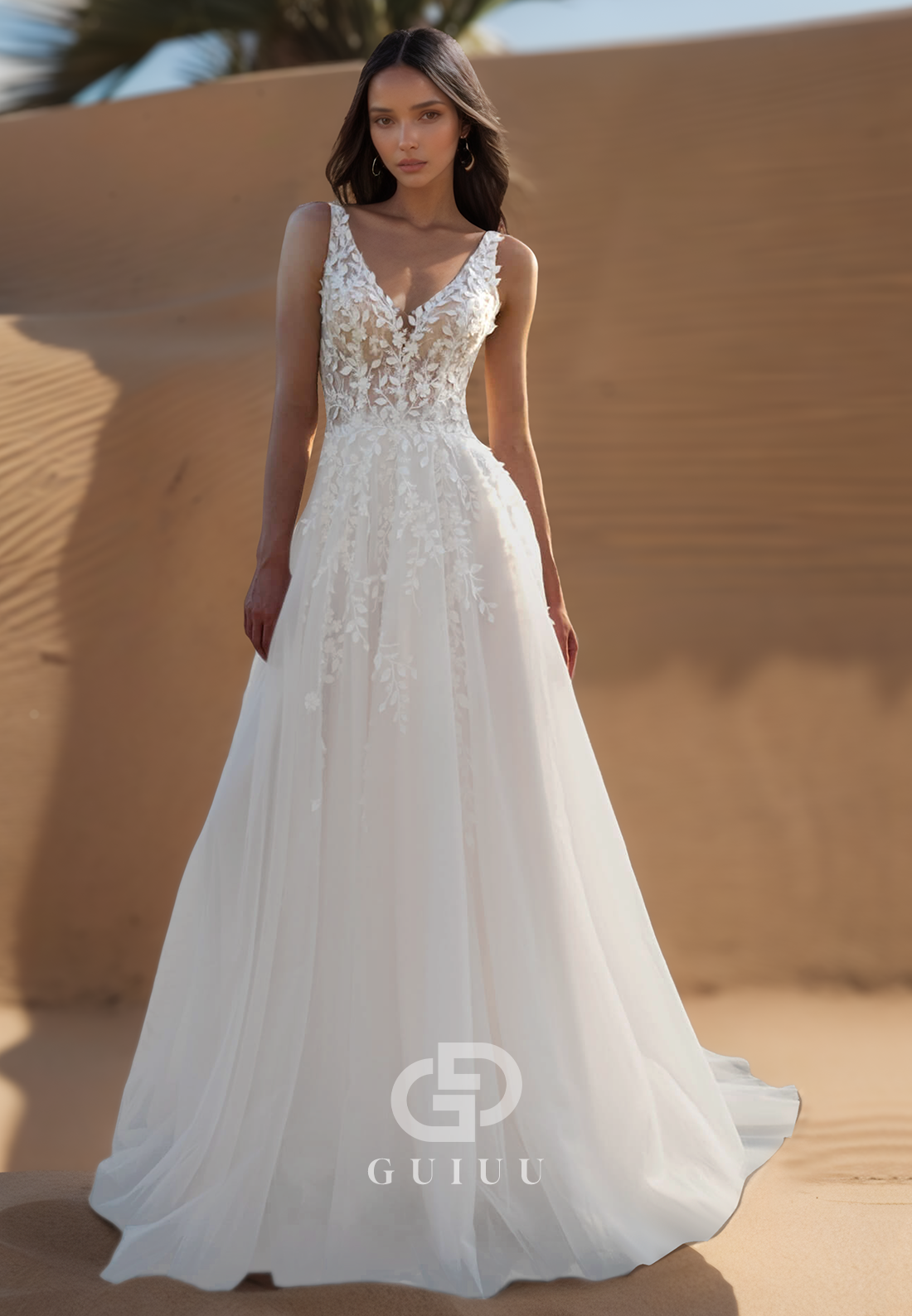 A-Line Spaghetti Straps V-Neck Corset Tulle Lace Wedding Dress