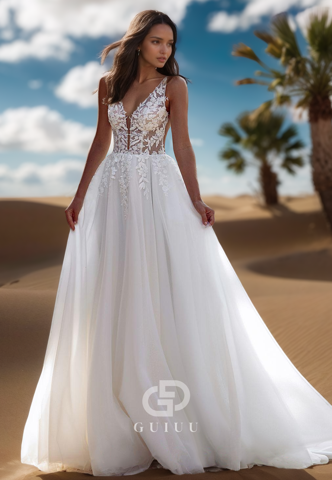 A-Line Spaghetti Straps V-Neck Floral Appliques Corset Lace Wedding Dress