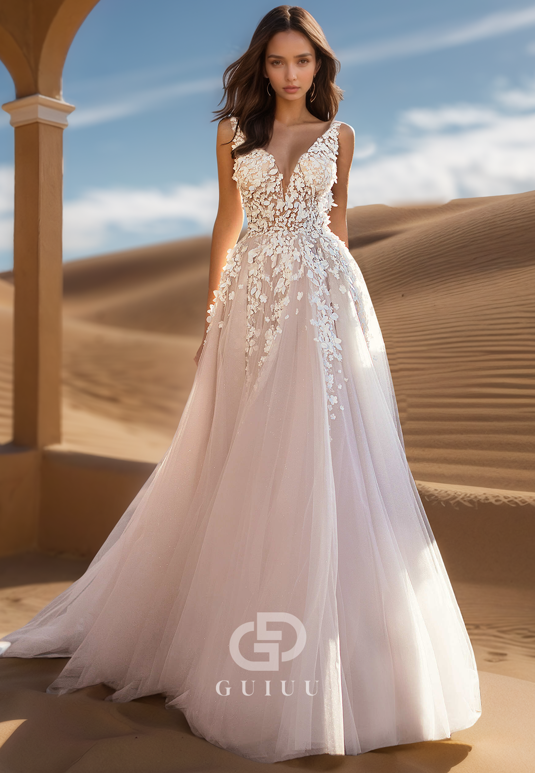A-Line Spaghetti Straps V-Neck Floral Appliques Lace Wedding Dress