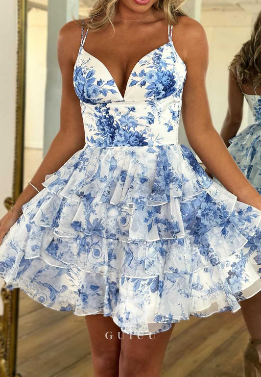 A-Line Spaghetti Straps V-Neck Ruffles Homecoming Dress