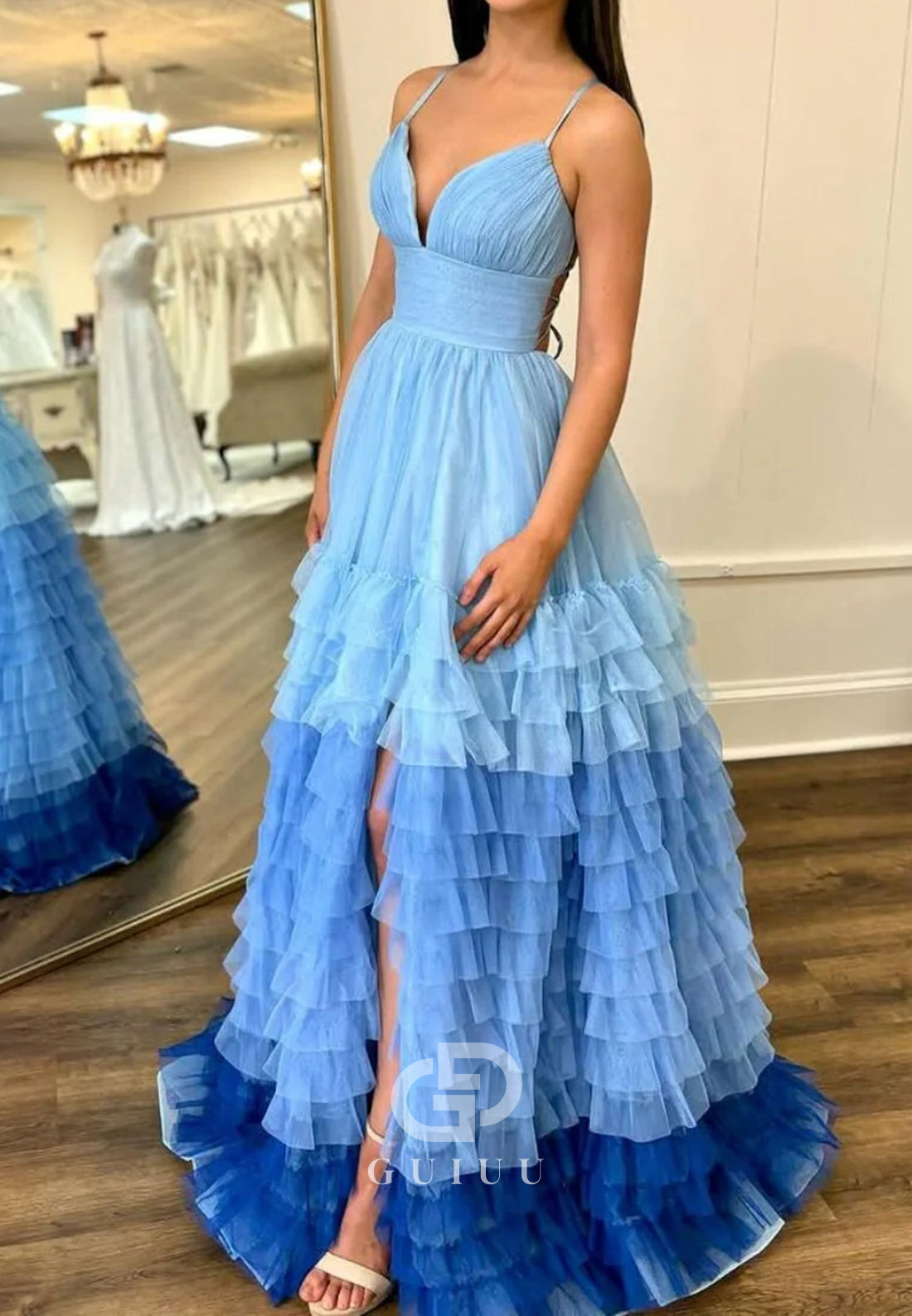 A-Line Spaghetti Straps V-Neck Ruffles Slit Prom Dress