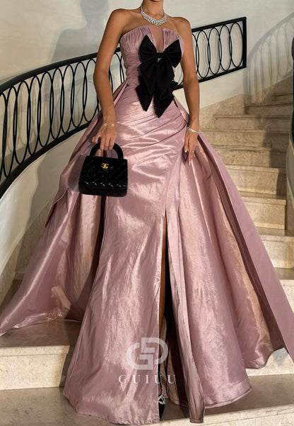 A-Line Strapless Sleeveless Bowknot Ruched Prom Dress